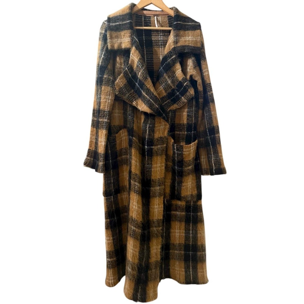 Free People Fine Line Plaid Wool‎ Blend Duster Coat L